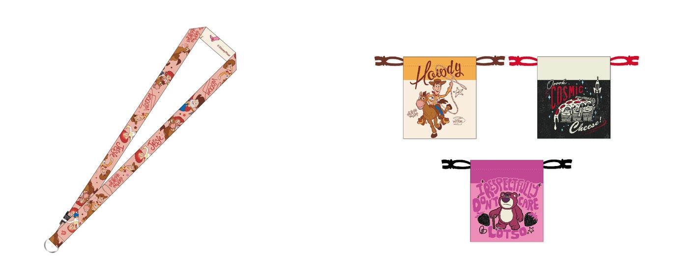 ネックストラップ税込1,650円、巾着（全3種）税込各1,540円（C）Disney/Pixar （C）Just Play,LLC Mr.Potato Head &amp; Mrs. Potato Head are trademarks of Hasbro used with permission.  （C）Hasbro. All Rights Reserved.