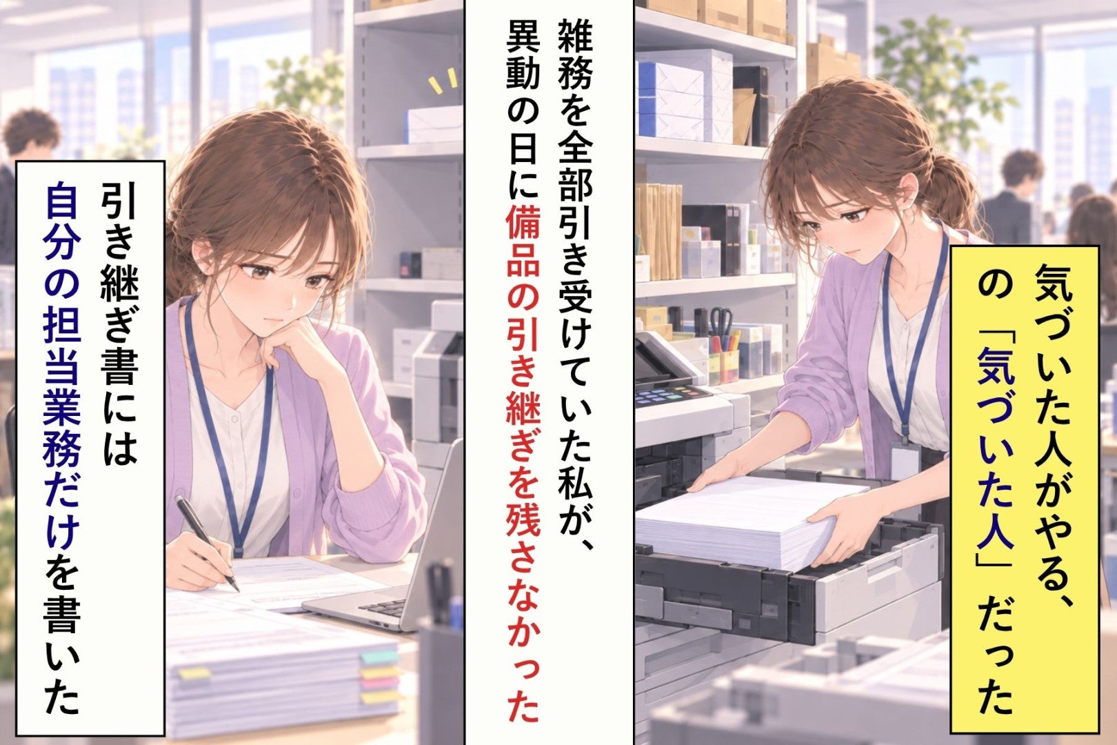 「もっと早く終わるでしょ」と言った先輩に、雑務のことは言わなかった私→異動後に届いた「コピー用紙ってどこに頼んでた？」