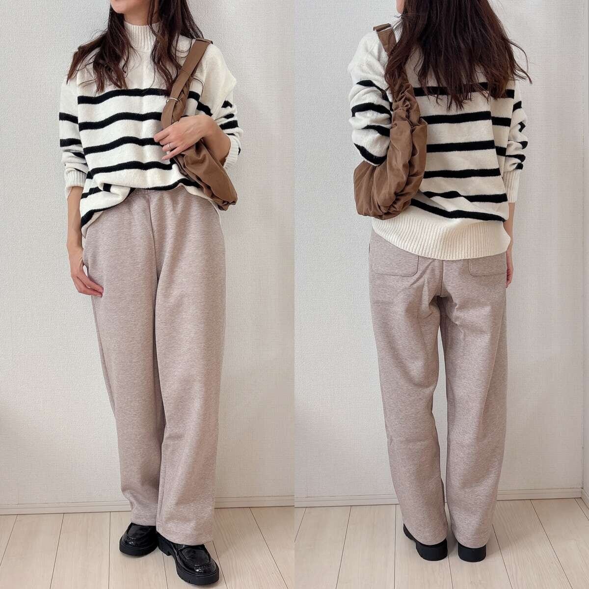 ユニクロスウェットワイドパンツとボーダーニットコーデ
