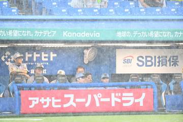 神宮球場に強烈なゲリラ豪雨襲来 人工芝部分にも水が浮く雨量 スタンドで雨具を使って耐えるファンも 雷鳴も響く