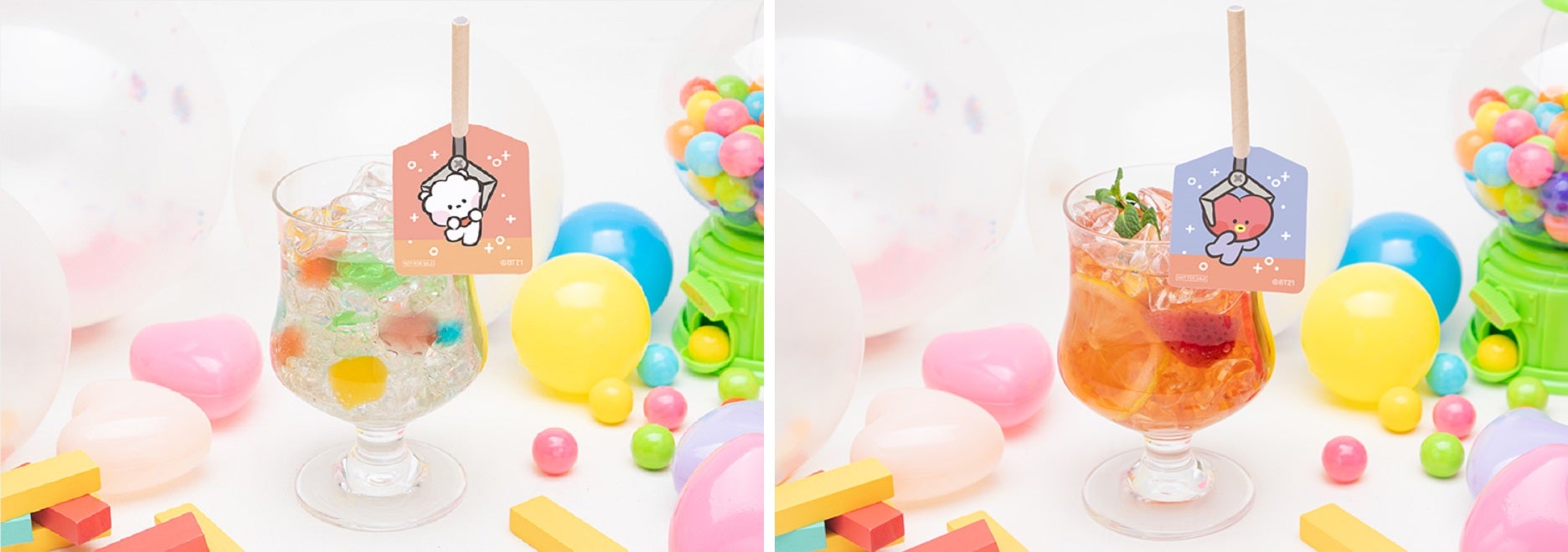 きらきらゼリースカッシュ税込990円、フルーツティー税込990円（C）BT21