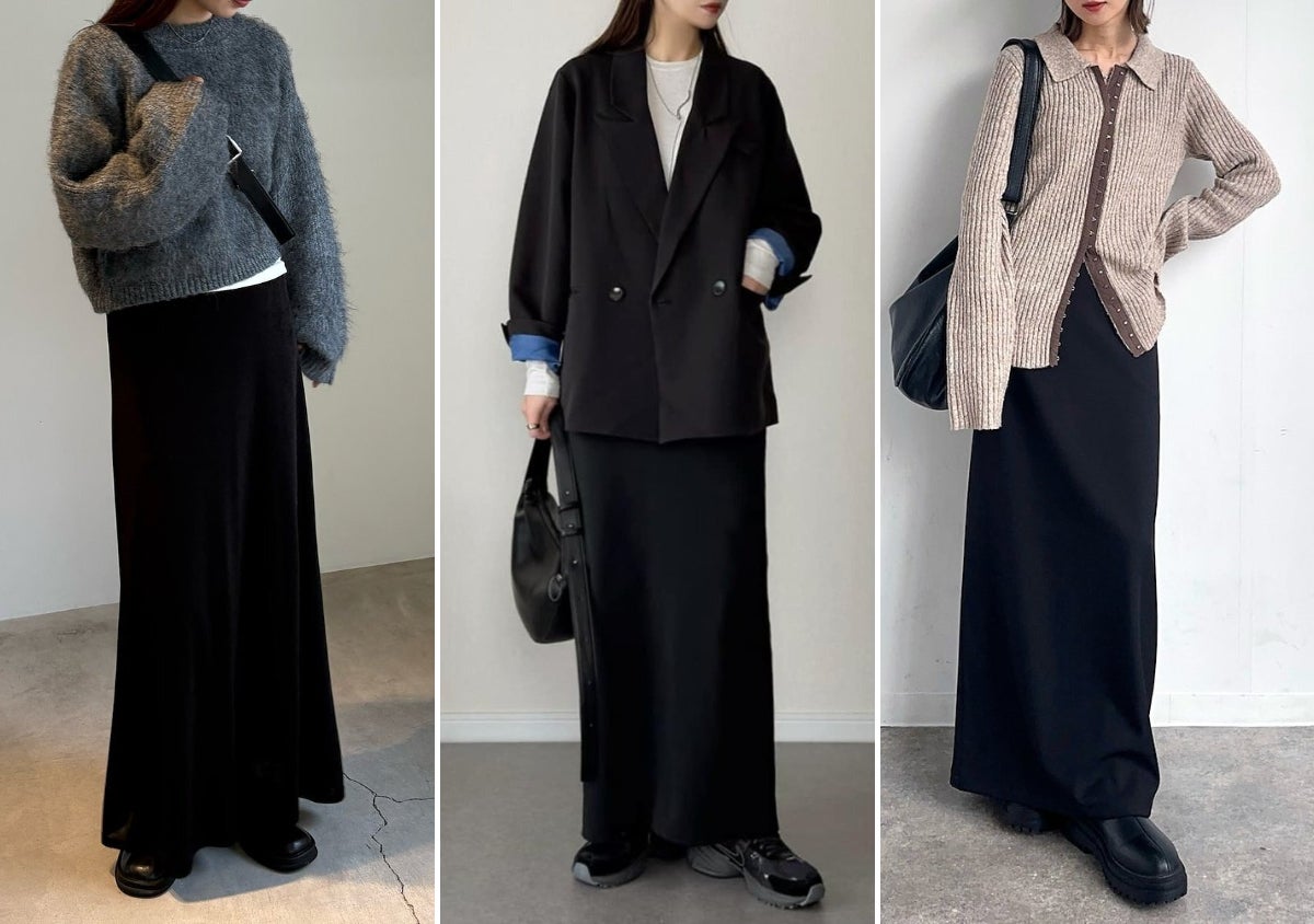 冬→春シフトは「黒ロングスカート」が一番使える！着回し優秀で着やせも叶える♡お手本コーデ集