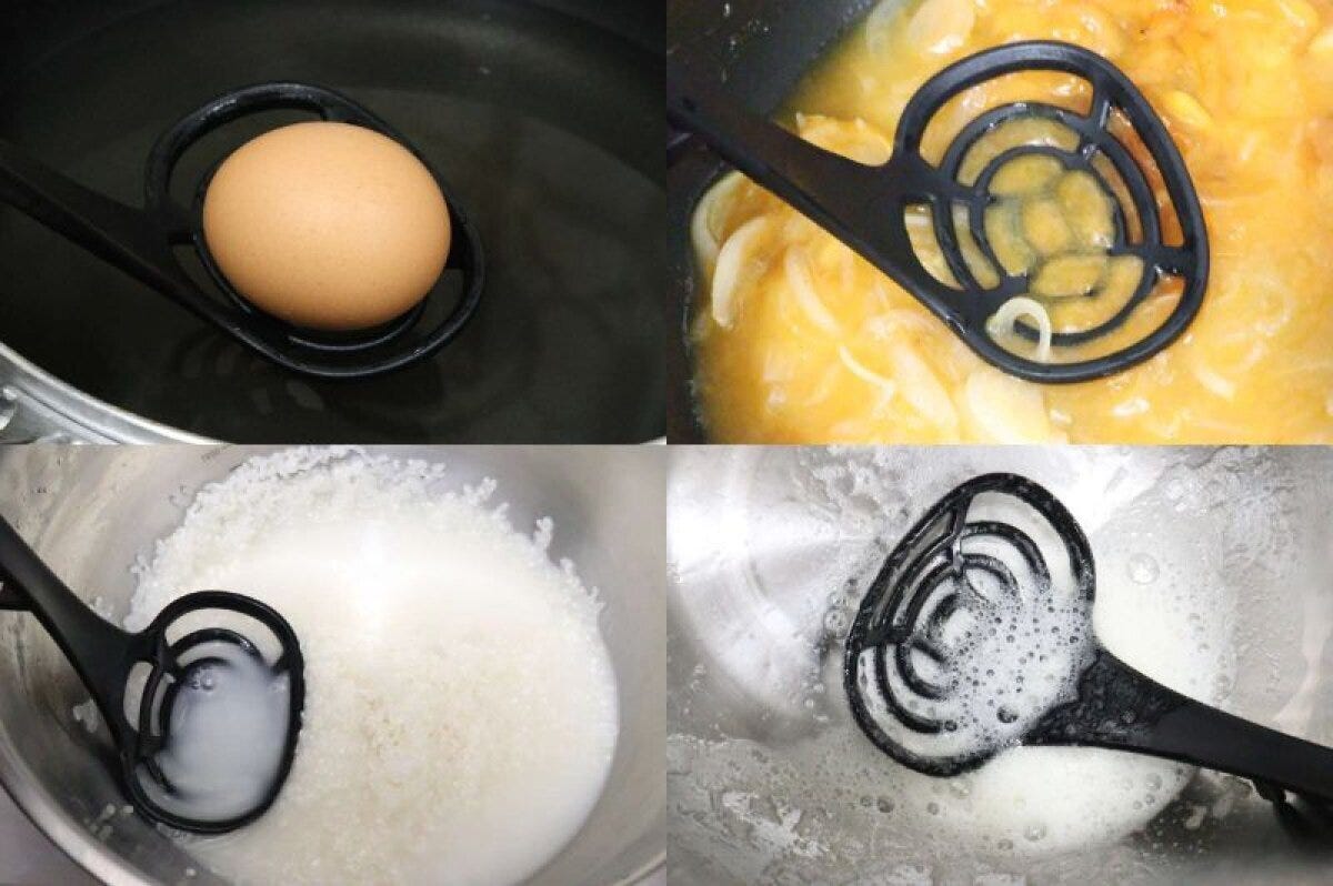 4wayツールで卵をすくう、炒め物を潰す、米を研ぐ、泡立てるの4つの使用例 4wayツールで卵をすくう、炒め物を潰す、米を研ぐ、泡立てるの4つの使用例
