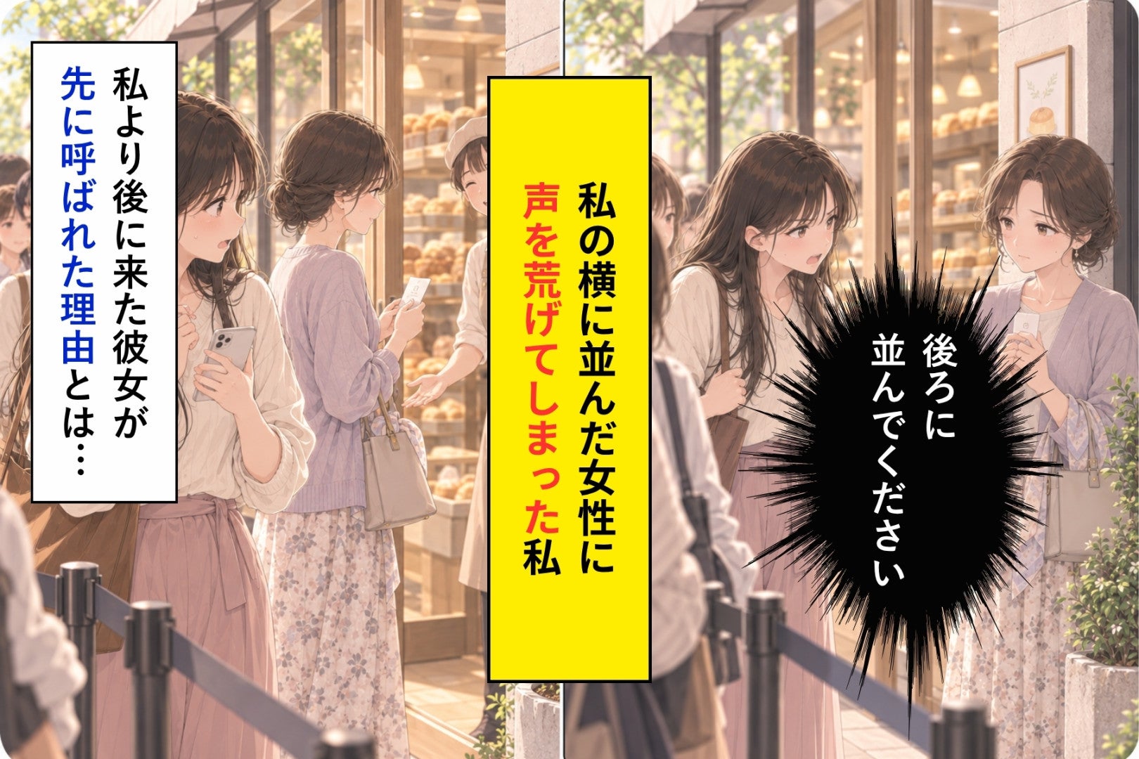 「後ろに並んでください」と横の女性を睨んだ私→店員の一言で列の先頭のまま頭を下げた理由