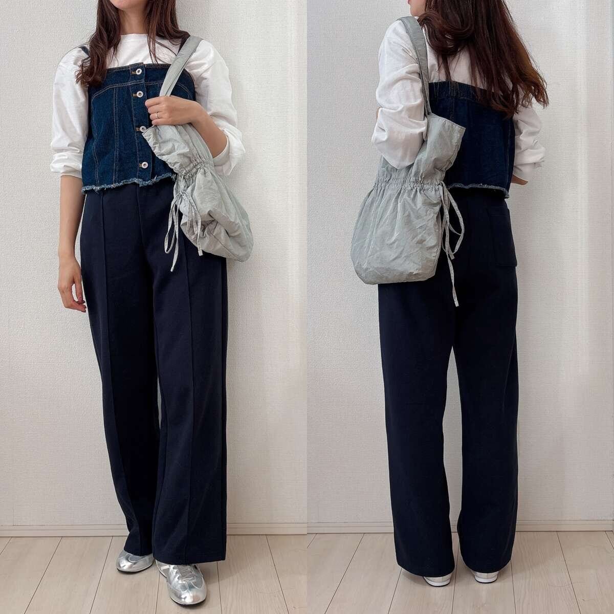 ユニクロ　スウェットストレートパンツ　ロンＴ×デニムビスチェカジュアルコーデ