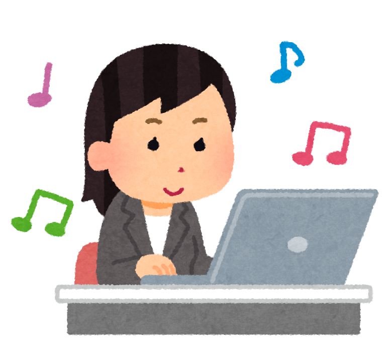 音楽を聴きながら仕事をする人のイラスト(女性)