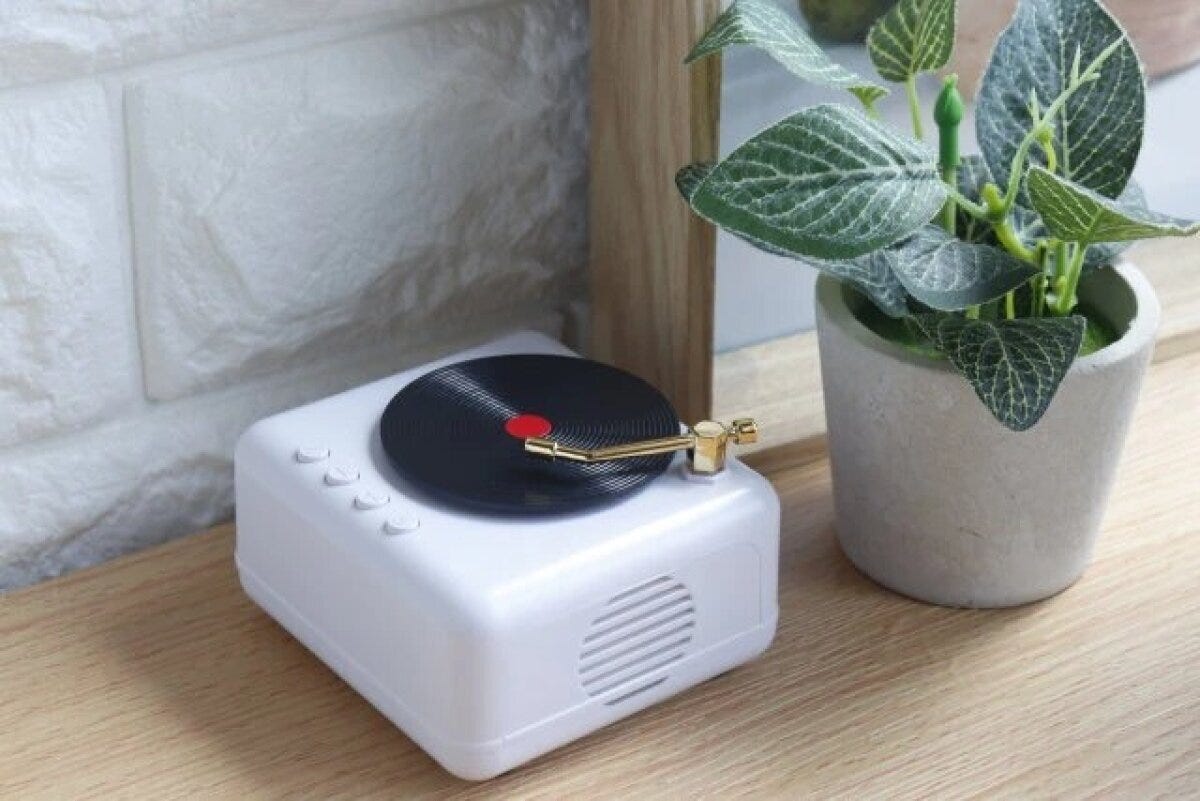 レコードプレーヤー型スピーカーと観葉植物が棚に並ぶ レコードプレーヤー型スピーカーと観葉植物が棚に並ぶ