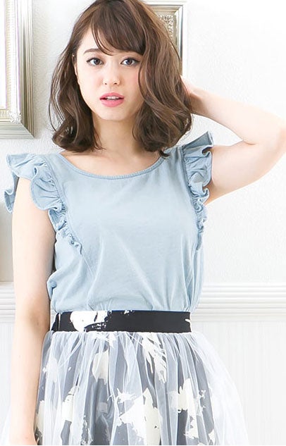 袖フリル×バックリボン☆カットデニムノースリーブブラウストップス「神戸レタス」2380円（税込）