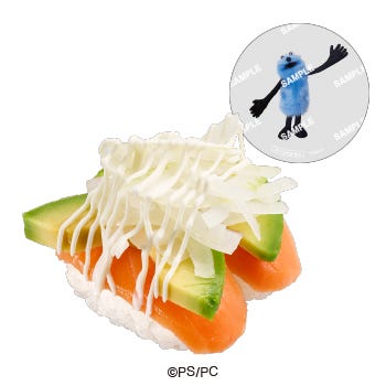 パペットスンスンコラボ限定クリアピック付き サーモンアボカド税込250円~(C)PUPPET SUNSUN/PS committee