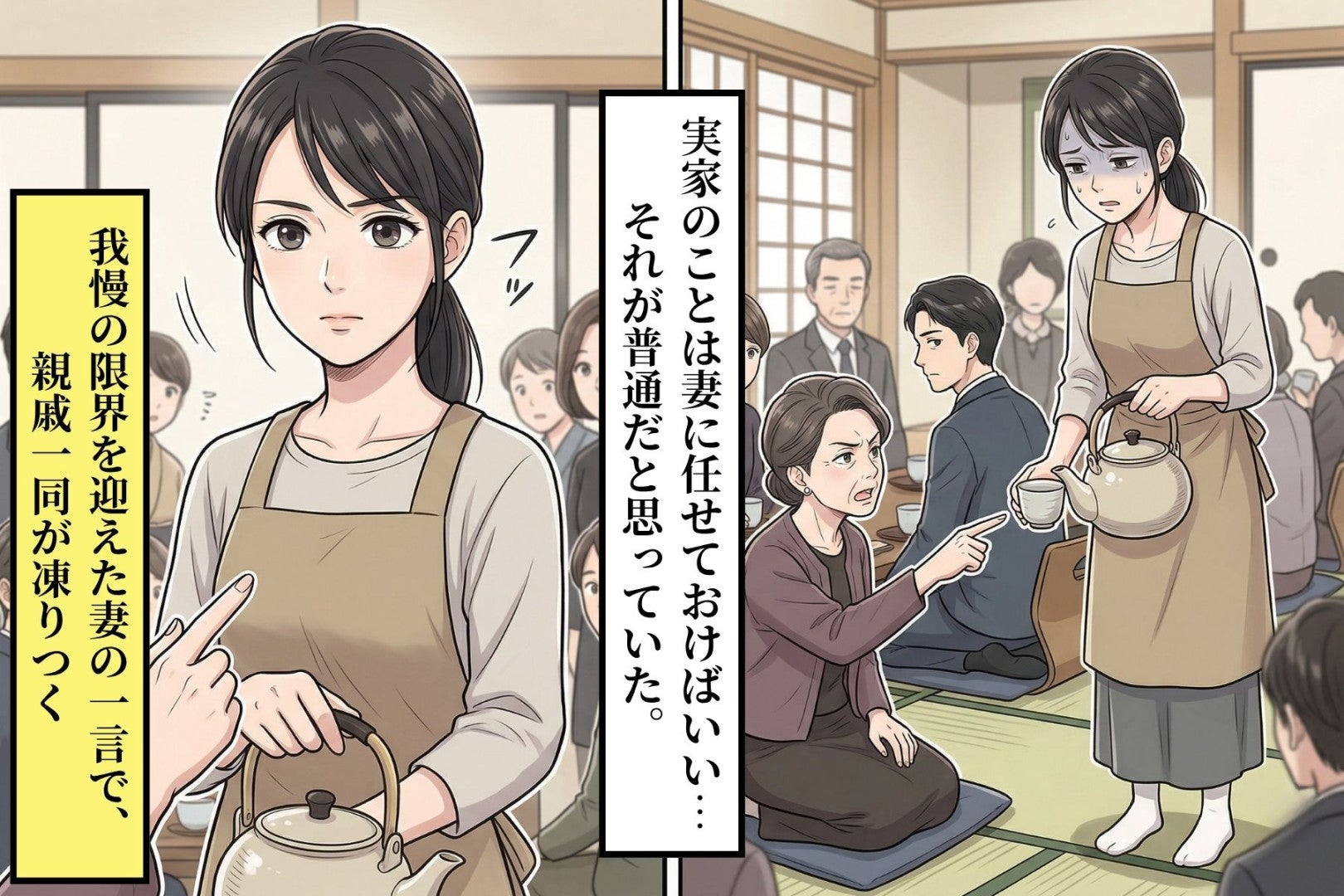 「親戚の方が大事だろ」実家の手伝いを全て妻にお任せ⇒思わぬ妻の一言により親戚の前で大恥をかいた