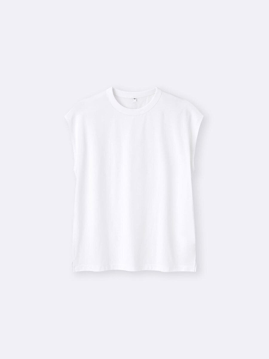 白いクルーネックノースリーブTシャツを平置きした様子