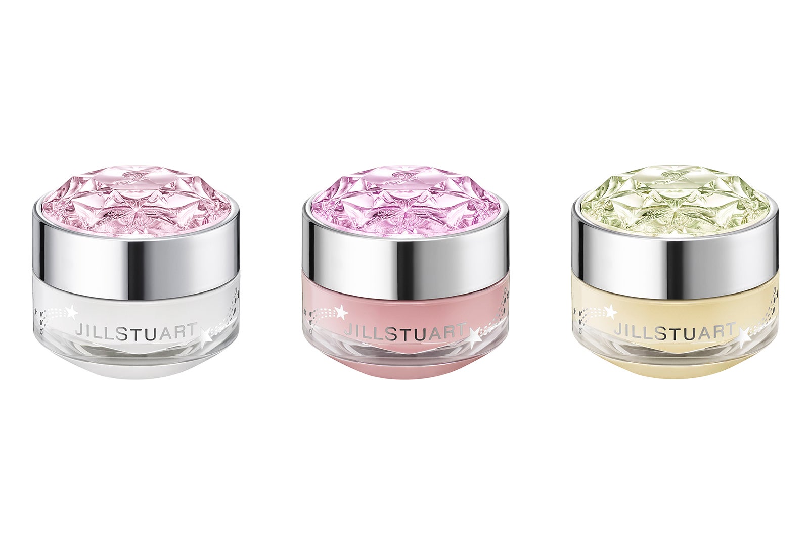 （左から）「ドリーミースターズギフト リップバーム ホワイトフローラル」、「同 ロージーズ」、「同 ブルーミングペアー」（C）JILL STUART Beauty