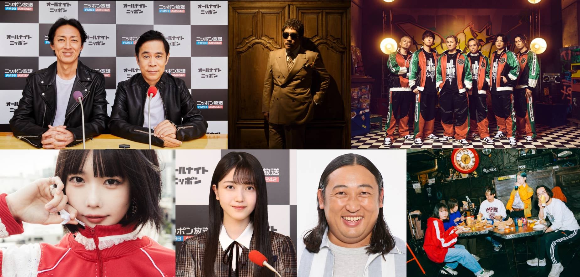 （上段左から）ナインティナイン、鈴木雅之、DA PUMP （下段左から）ano、久保史緒里、秋山竜次、ネクライトーキー（提供写真）