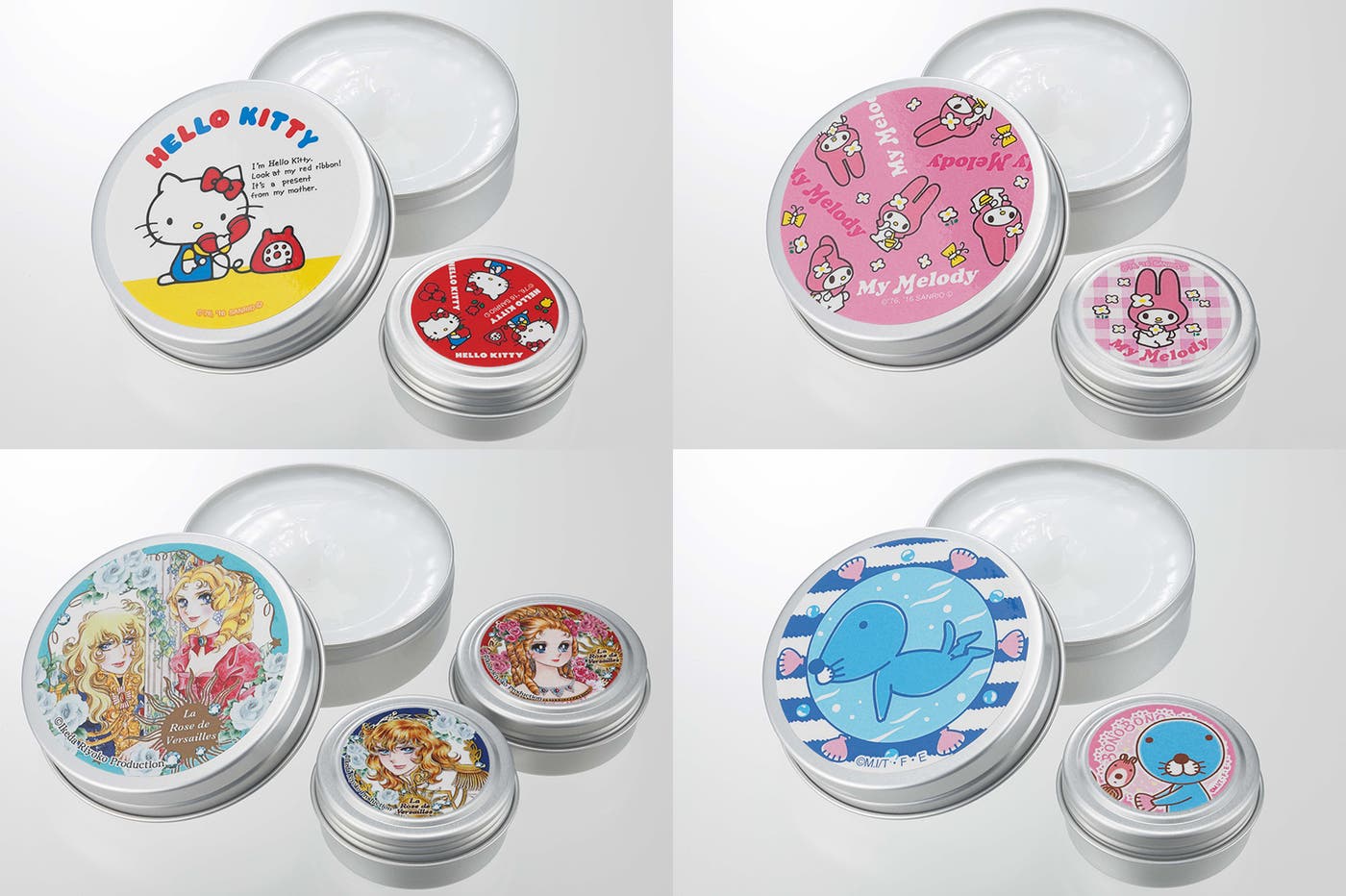 「美日和モイスチャーハンドクリーム」と「美日和モイスチャーリップバーム」/左から時計周りに「ハローキティ」、「マイメロディ」(C)‘76, 16 SANRIO (L)「ぼのぼの」(C)いがらしみきお/竹書房・フジテレビ・エイケン「ベルサイユのばら」(C)池田理代子プロダクション