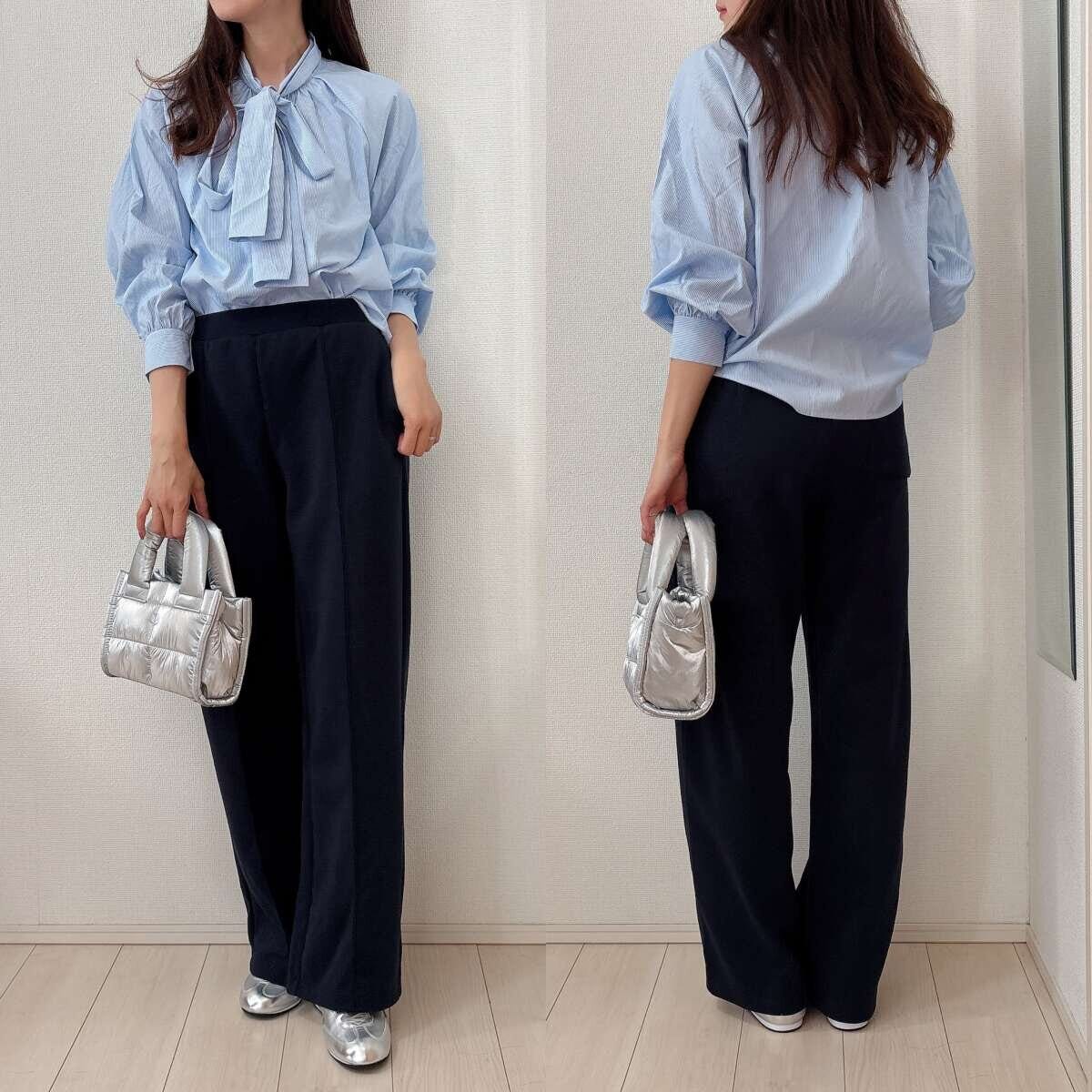 ユニクロ　スウェットストレートパンツ　ストライプボウタイブラウスきれいめコーデ