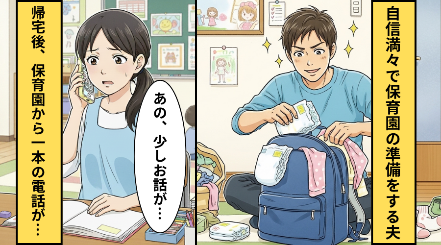 自信満々で保育園の準備をする夫！だが帰宅後「少しお話が…」保育園から電話がかかってきて夫が恥をかいた話