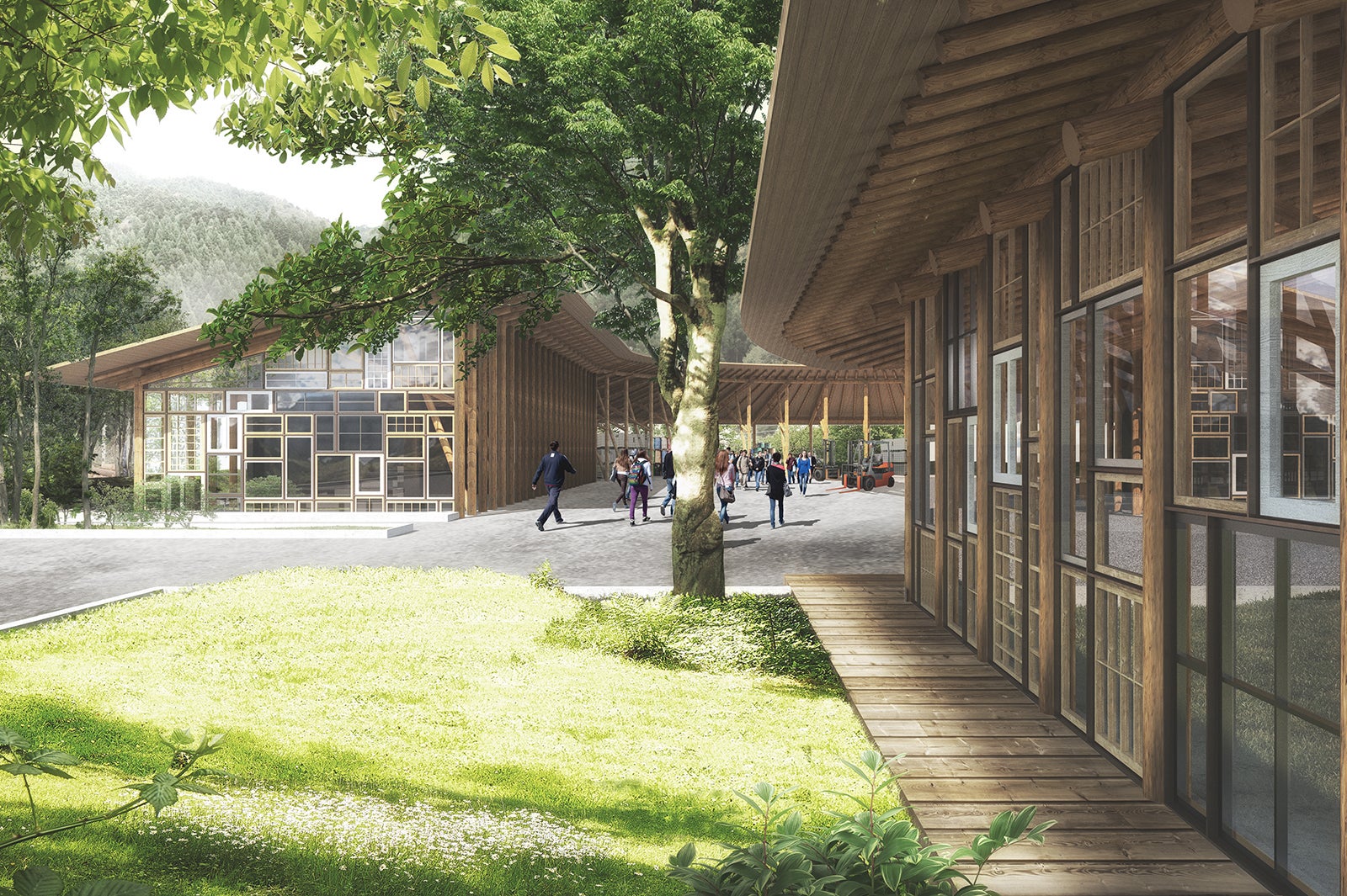 コミュニティホールから左奥のごみステーションを眺める／画像提供：TRANSIT