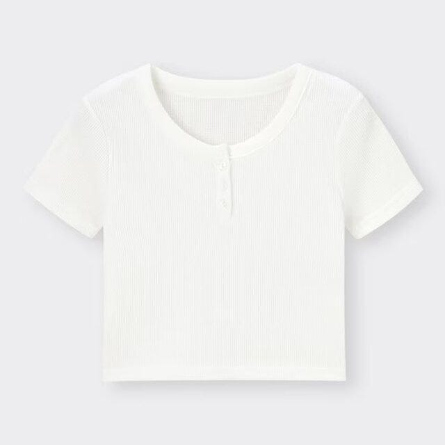 GU　白トップス　ワッフルヘンリーネックミニT