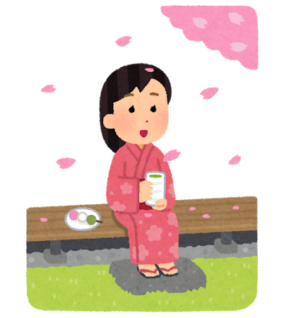 縁側で花見をする人のイラスト(女性)