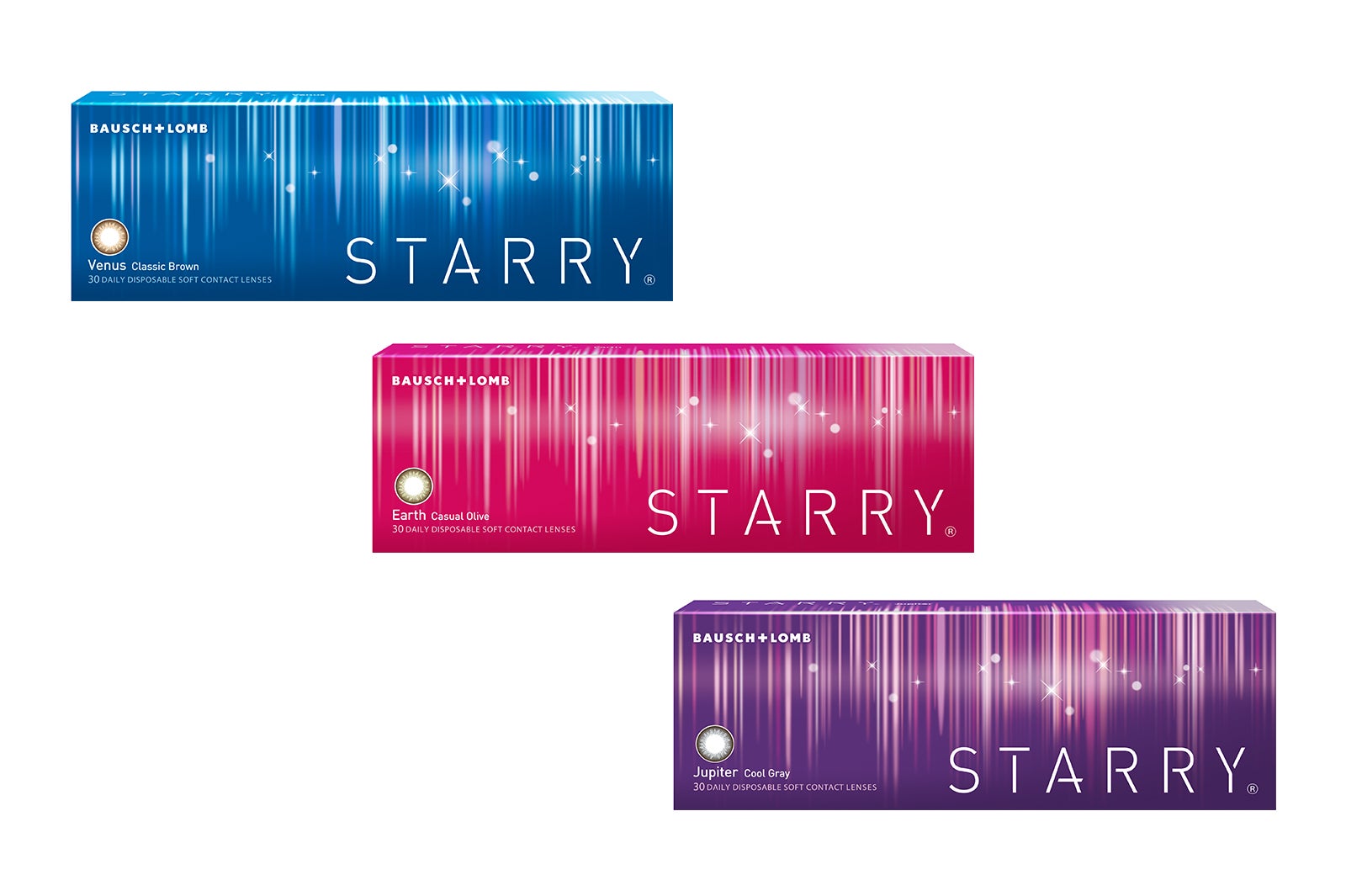 販売名：ワンデーウィズカラー「愛称：スターリー（R）」 医療機器承認番号： 22600BZX00175000　1箱10枚入り／30枚入り　オープン価格 