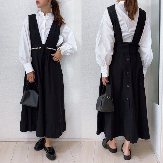 GU　パールボタンブラウス　ホワイト　ジャンスカ　コーデ