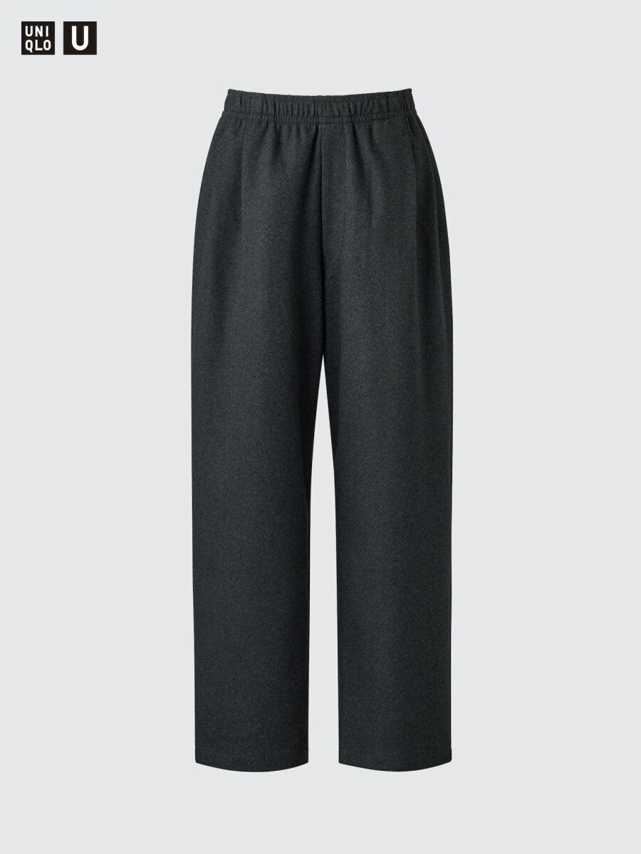 ウエストゴムの濃いグレーのジャージーワイドパンツ
