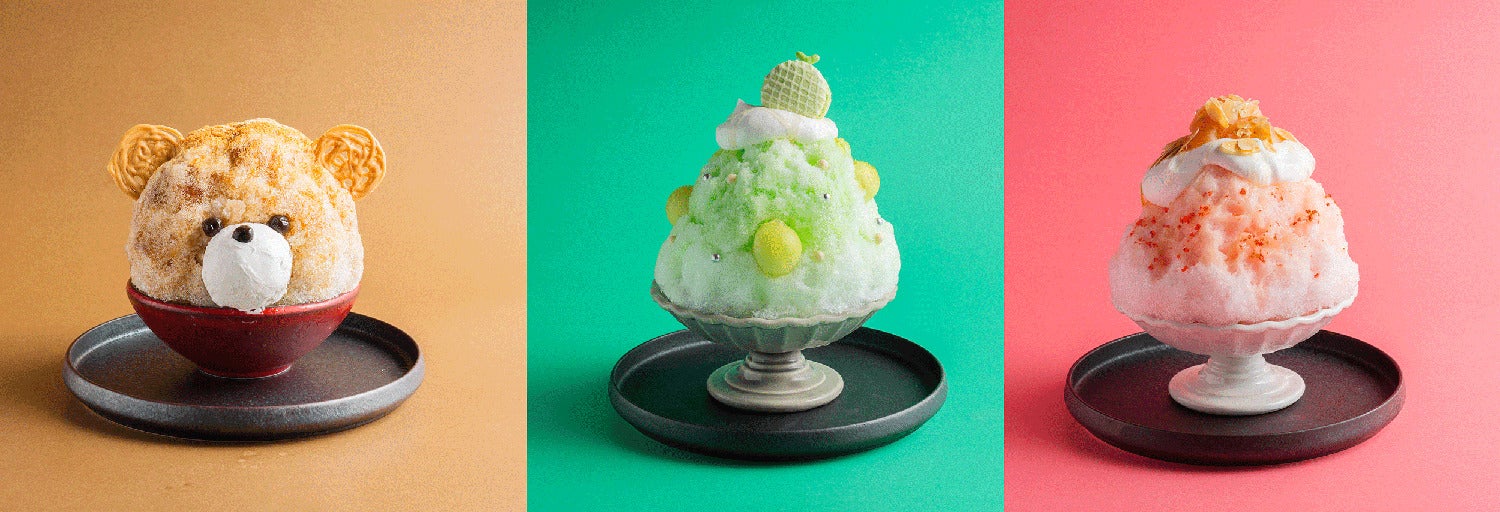 WA！！くまのかき氷 1,980円、贅沢メロンのかき氷、ピーチメルバな桃のかき氷各2,200円／提供画像