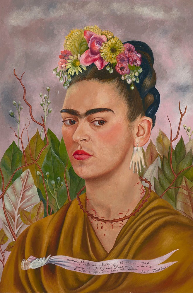 Frida Kahlo, Autorretrato dedicado al Dr. Eloesser (Self-Portrait Dedicated to Dr. Eloesser), 1940/Frida Kahlo, Autorretrato dedicado al Dr. Eloesser (Self-Portrait Dedicated to Dr. Eloesser), 1940, Lucas Museum of Narrative Art, Los Angeles, (C) 2021 Banco de México Diego Rivera Frida Kahlo Museums Trust, Mexico, D.F. / Artists Rights Society (ARS), New York. Photograph: Randy Dodson, Courtesy Fine Arts Museums of San Francisco