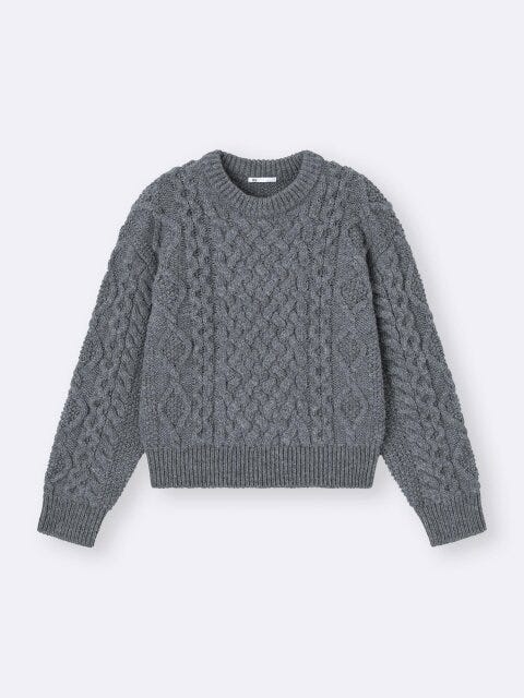 ケーブルクルーネックニットプルオーバー 2025gu冬女性おすすめケーブルクルーネックニットプルオーバー
