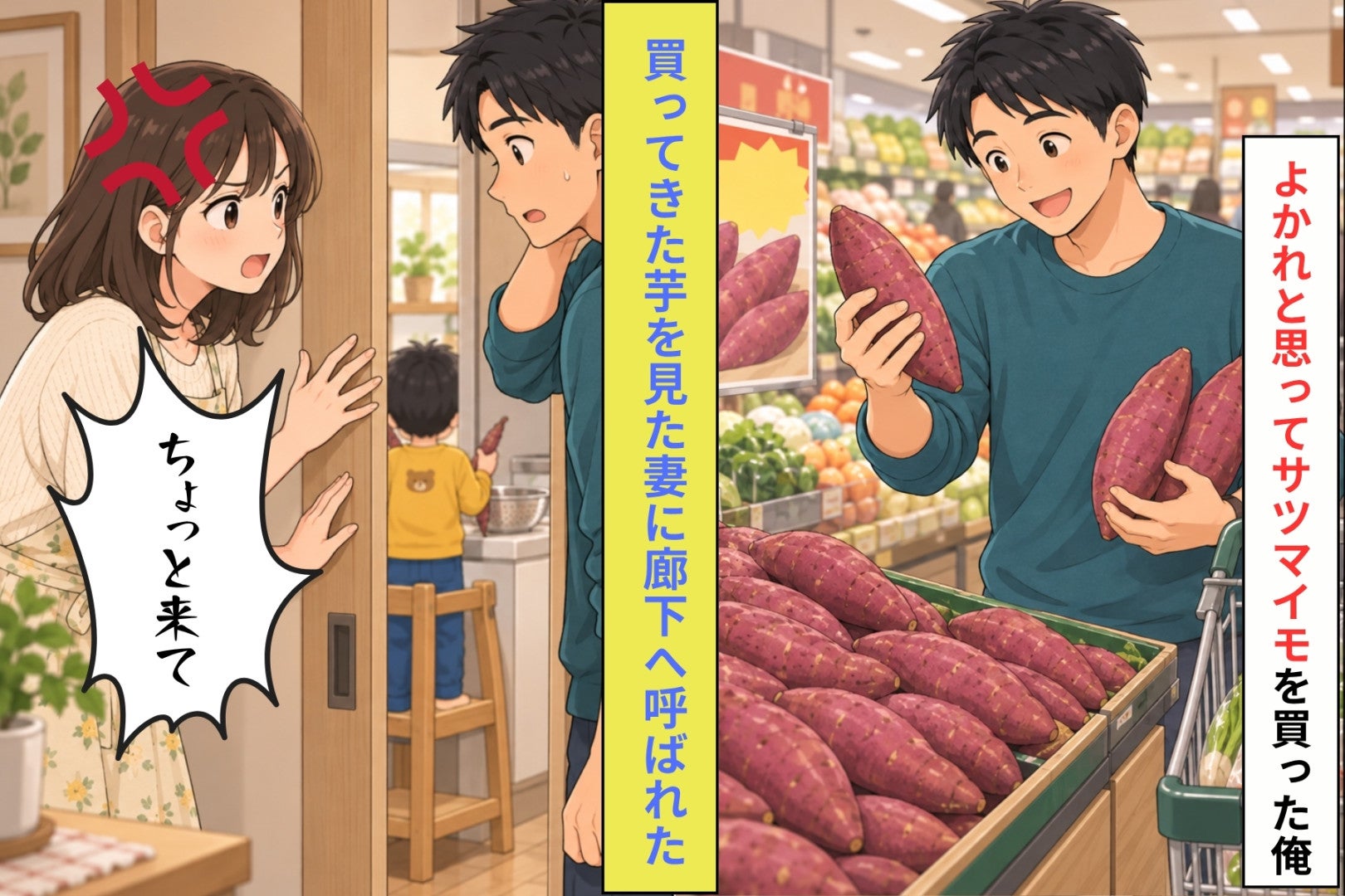 特売のサツマイモを３本、なんとなく買って帰った俺。妻に廊下へ呼ばれた日
