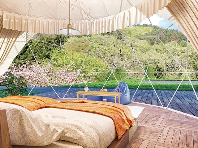 山梨にグランピング施設「ザ フォレスト」森の中のドーム型テントで自然を味わう