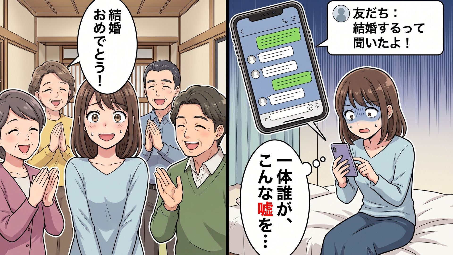 【まさかの展開】「結婚おめでとう！」久しぶりの帰省で待ち受けていたお祝いの嵐。【身に覚えのない結婚話】に、主人公は大パニックで...！？