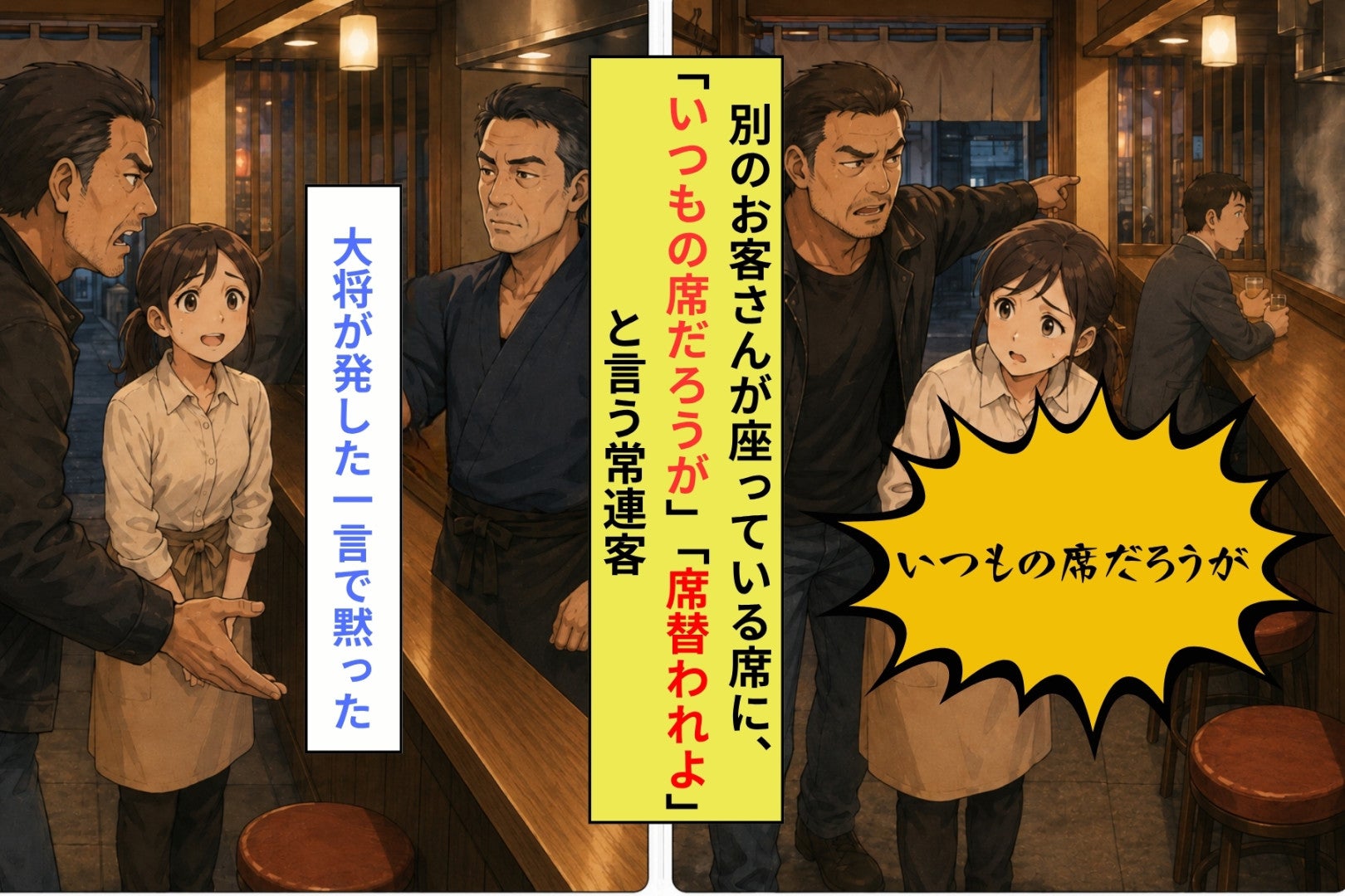 「席替われよ」と常連客に凄まれた新人の私→焼き場の大将が返した言葉