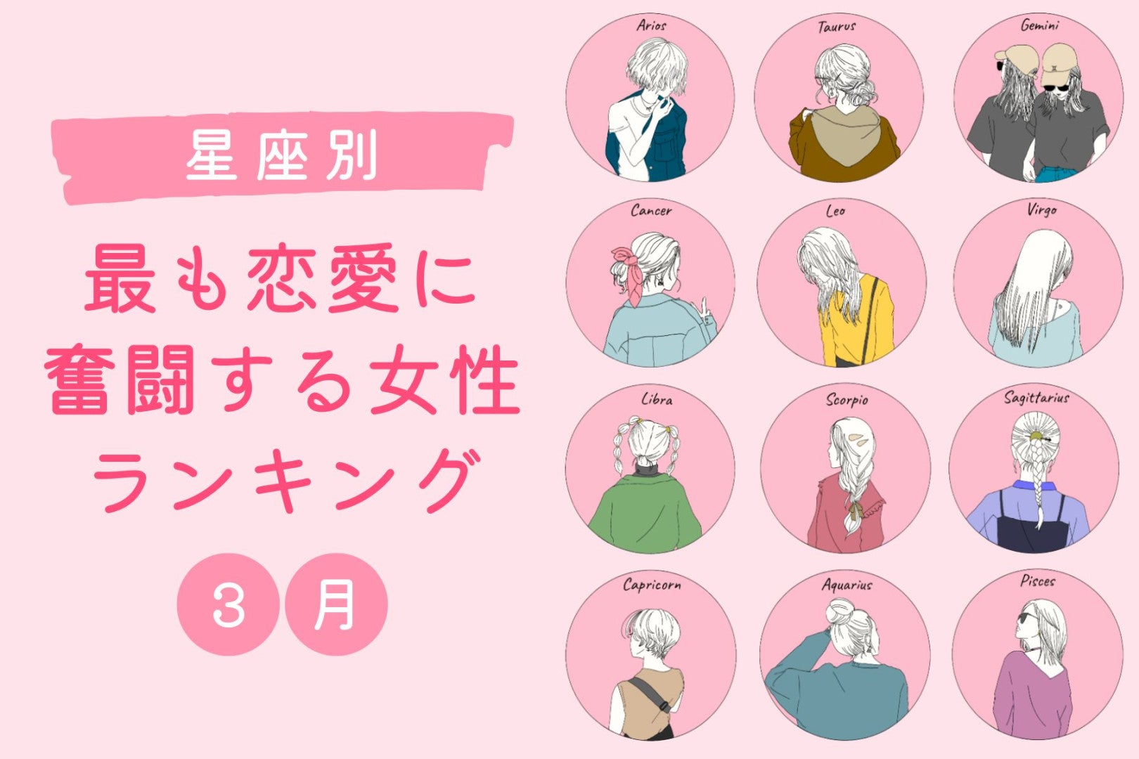 【星座別】２０２６年３月、最も恋愛に奮闘する女性ランキング＜第１位～第３位＞