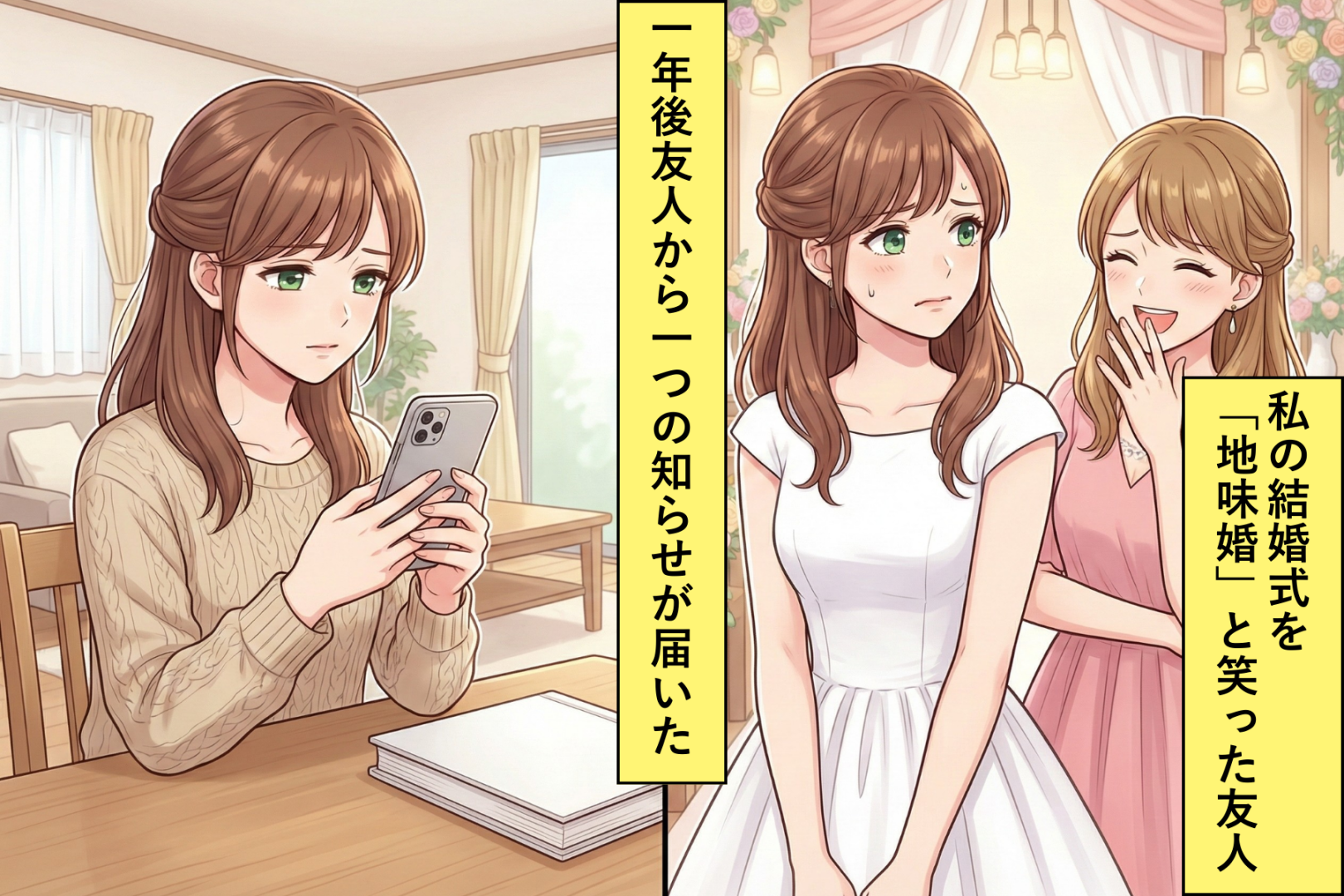 結婚式で友人から「地味婚」と揶揄されてモヤモヤ...一年後友人から一つの知らせが届いた