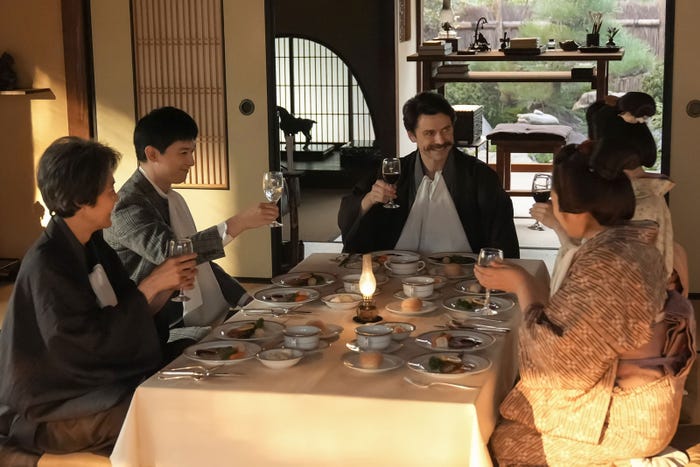 岡部たかし、吉沢亮、トミー・バストウ、高石あかり、池脇千鶴「ばけばけ」第76話(C)NHK