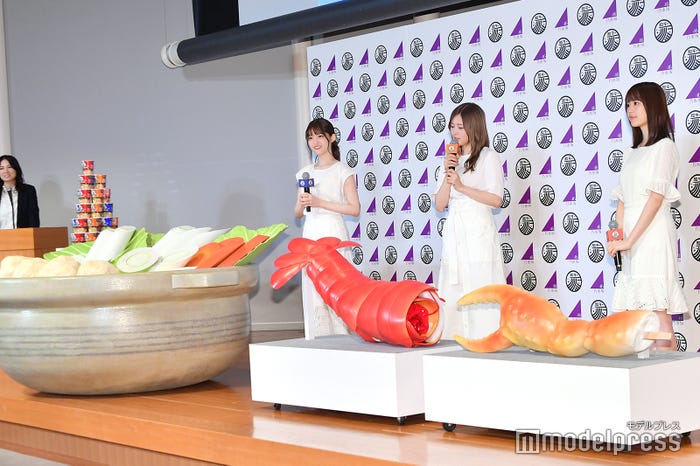 CMで使用された鍋、エビ、カニたちと対面した松村沙友理、白石麻衣、生田絵梨花 (C)モデルプレス