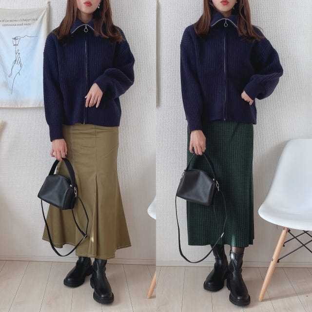 GU　ハーフジップ　ニット　コーデ　スカート