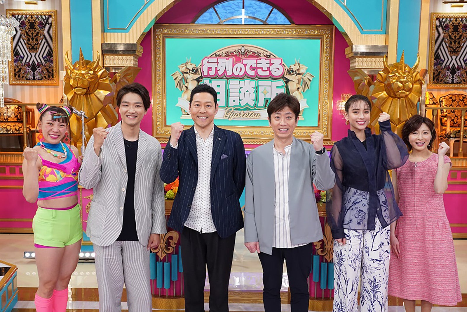 （左から）フワちゃん、井上芳雄、東野幸治、後藤輝基、滝沢カレン、市來玲奈日本テレビアナウンサー（C）日本テレビ