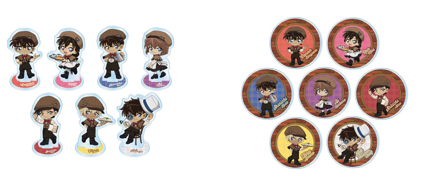 （左）＜DINER UNIFORM mini vol.1＞ミニアクリルスタンド（ランダム7種） 税込990円、（右）＜DINER UNIFORM mini vol.＞アクリルコースター（ランダム7種） 税込990円（C）青山剛昌／小学館・読売テレビ・TMS 1996