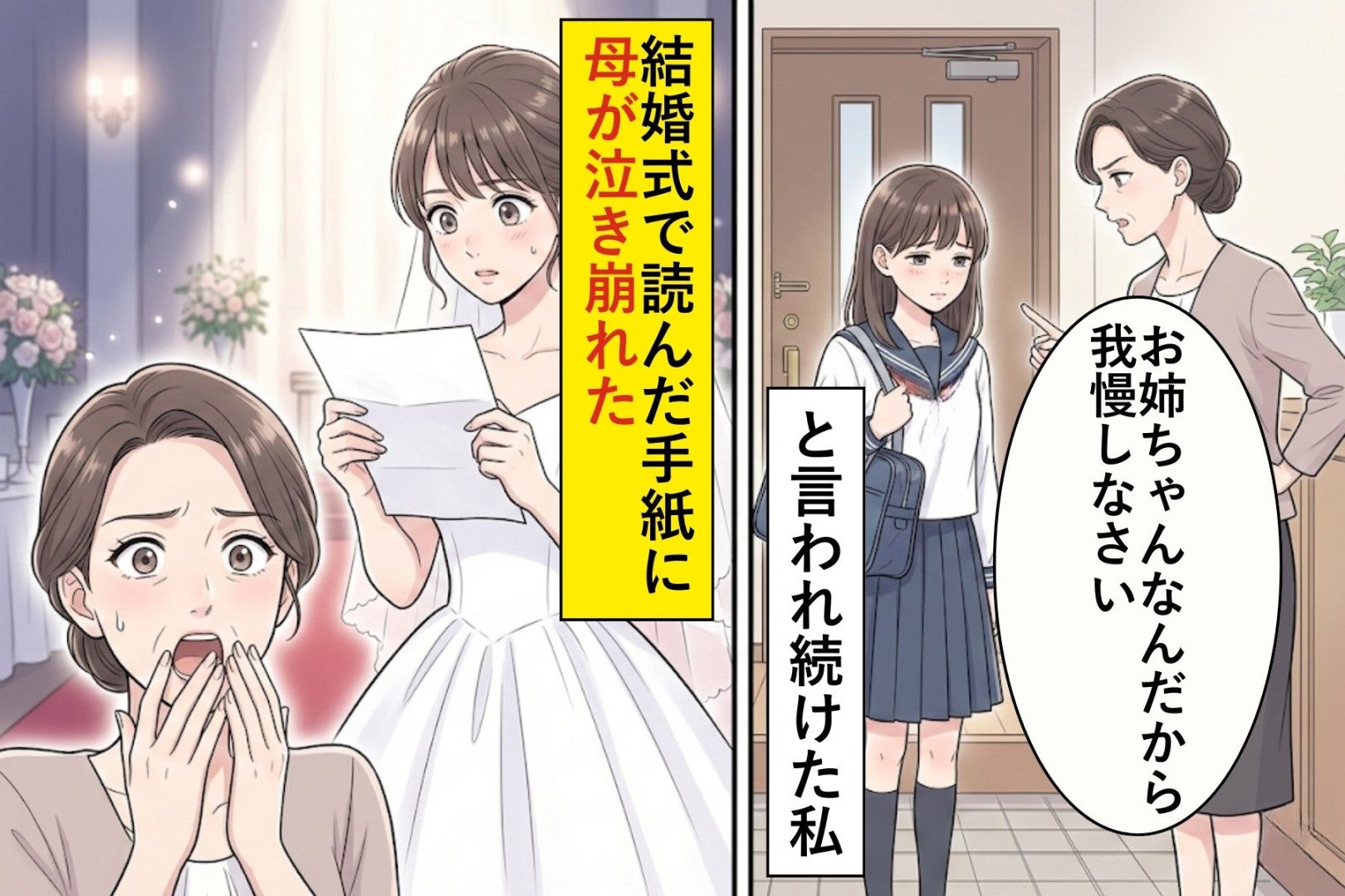 「お姉ちゃんなんだから我慢しなさい」と言われ続けた私→結婚式で読んだ手紙に母が泣き崩れた