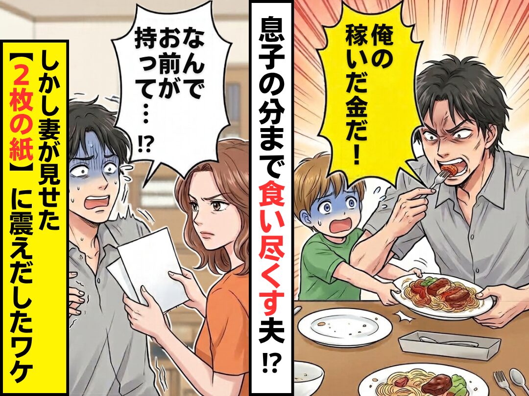 「俺の稼いだ金だ！」息子の分まで食い尽くす夫！？しかし⇒「なんでお前が持って…！？」妻が見せた【2枚の紙】に震えだしたワケ