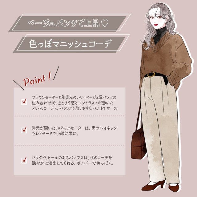 GU ブラッシュドヤーンVネックセーター 体型カバーコーデ GUのブラッシュドヤーンVネックセーターとベージュのワイドパンツを合わせた体型カバーコーデ