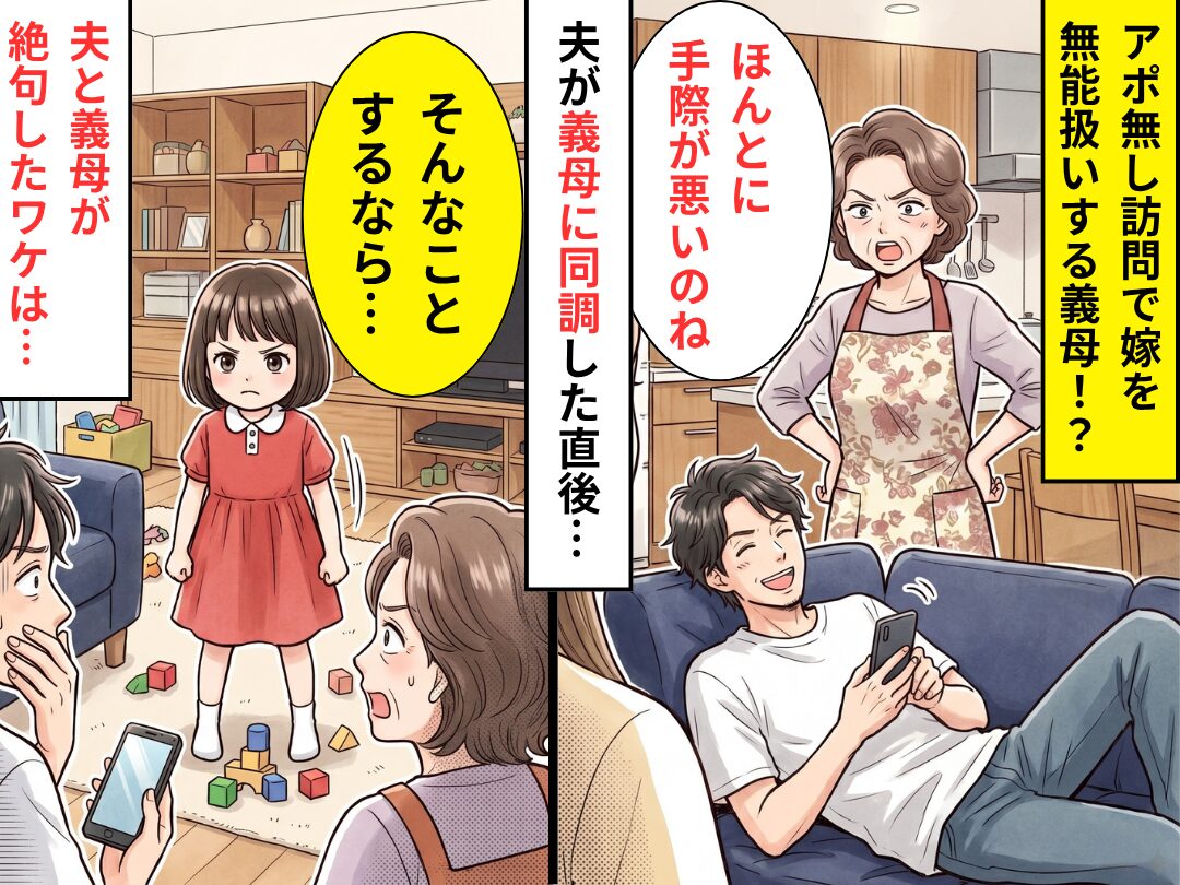 アポ無し訪問を繰り返し…嫁を無能扱いする義母！？夫も義母に”同調”した直後⇒娘の【刺さる一言】で夫と義母が絶句！？