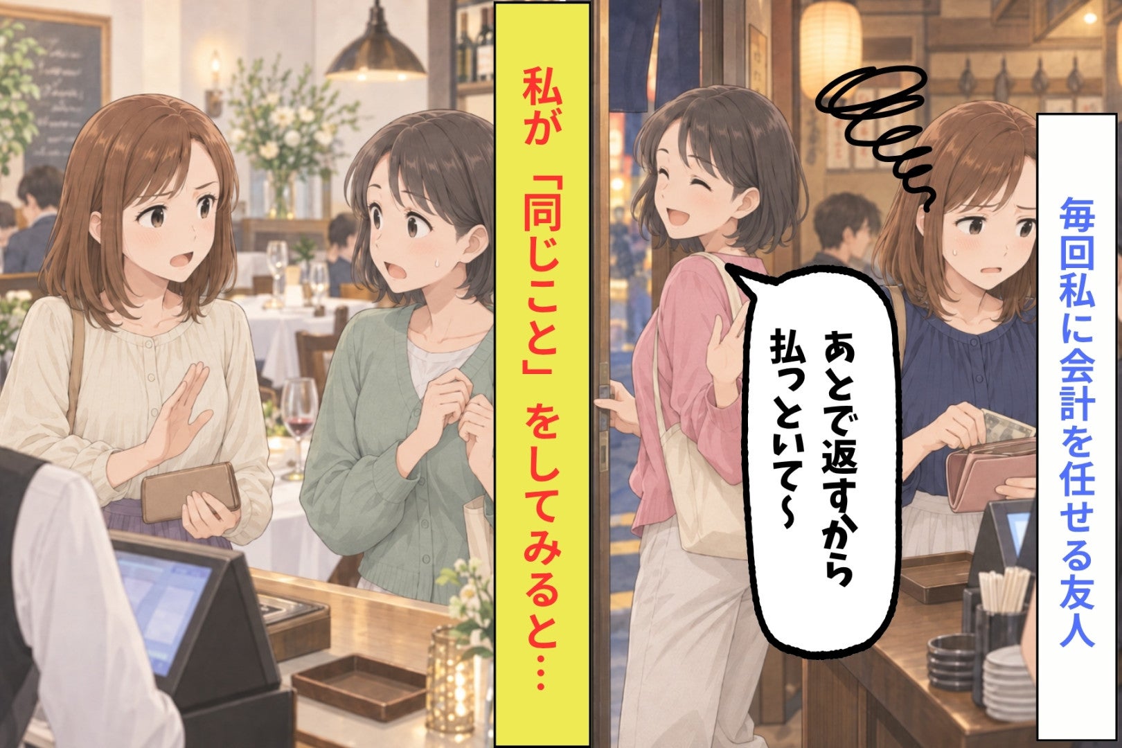 「あとで返すから払っといて」毎回私に会計を任せる友人→今度は私が「同じこと」をしてみると…