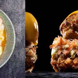 山形牛 肉かすうどん<龍の巣>六本木肉タワー ハンバーグ on THE メンチカツ with プルドポーク<格之進>/画像提供:AATJ