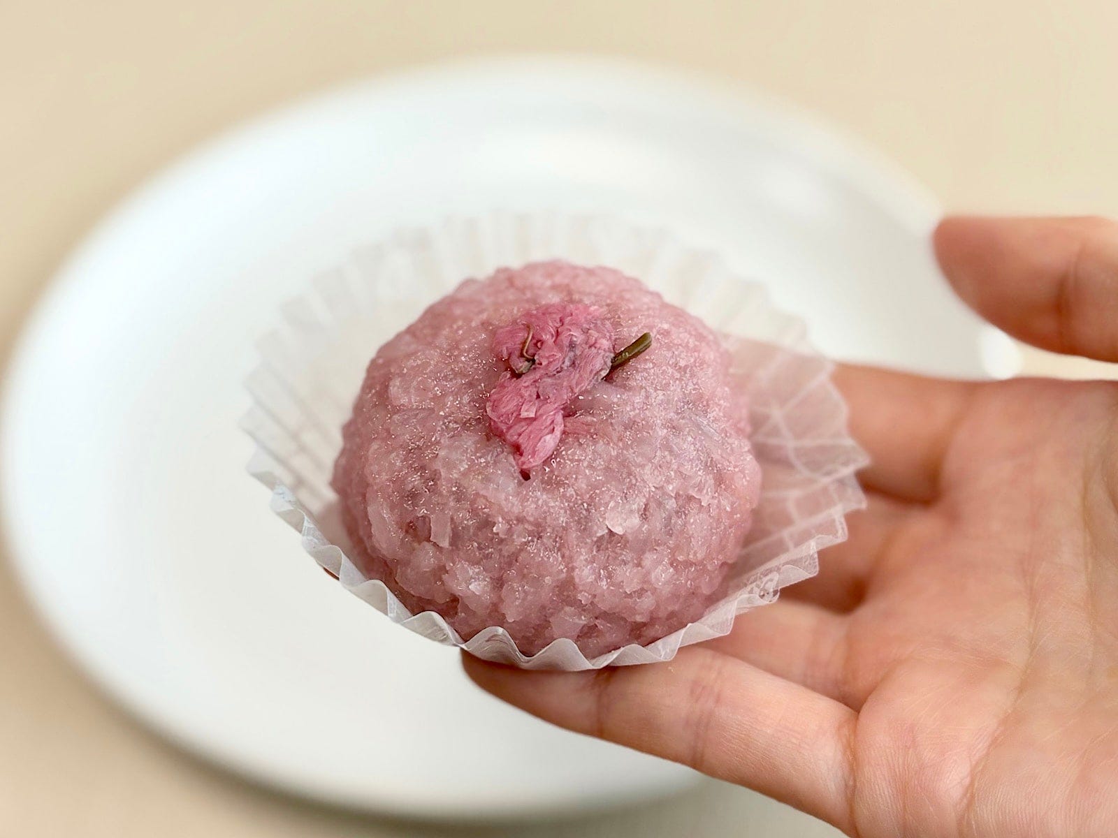 袋を開けると、まん丸のピンク色の桜餅が