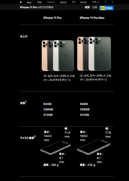 「iPhone 11 Pro／11 Pro Max」仕様／Appleより