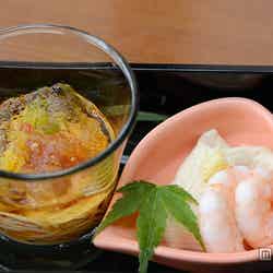 柚子風味の八方旨出汁素麺、海老とトロ湯葉