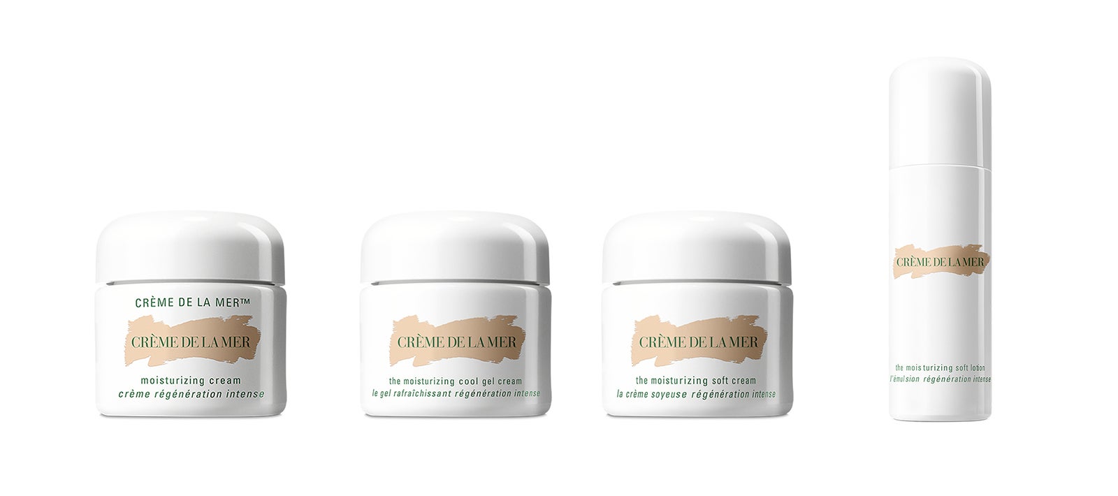 （左から）「クレーム ドゥ･ラ･メール」「ザ･モイスチャライジング クール ジェル クリーム」「ザ･モイスチャライジング ソフト クリーム」「ザ･モイスチャライジング ソフト ローション」